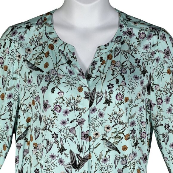 J Jill Womens L Seafoam Botanical Bird Floral Print Top 3/4 Sleeve Blouse Silky - Picture 7 of 16